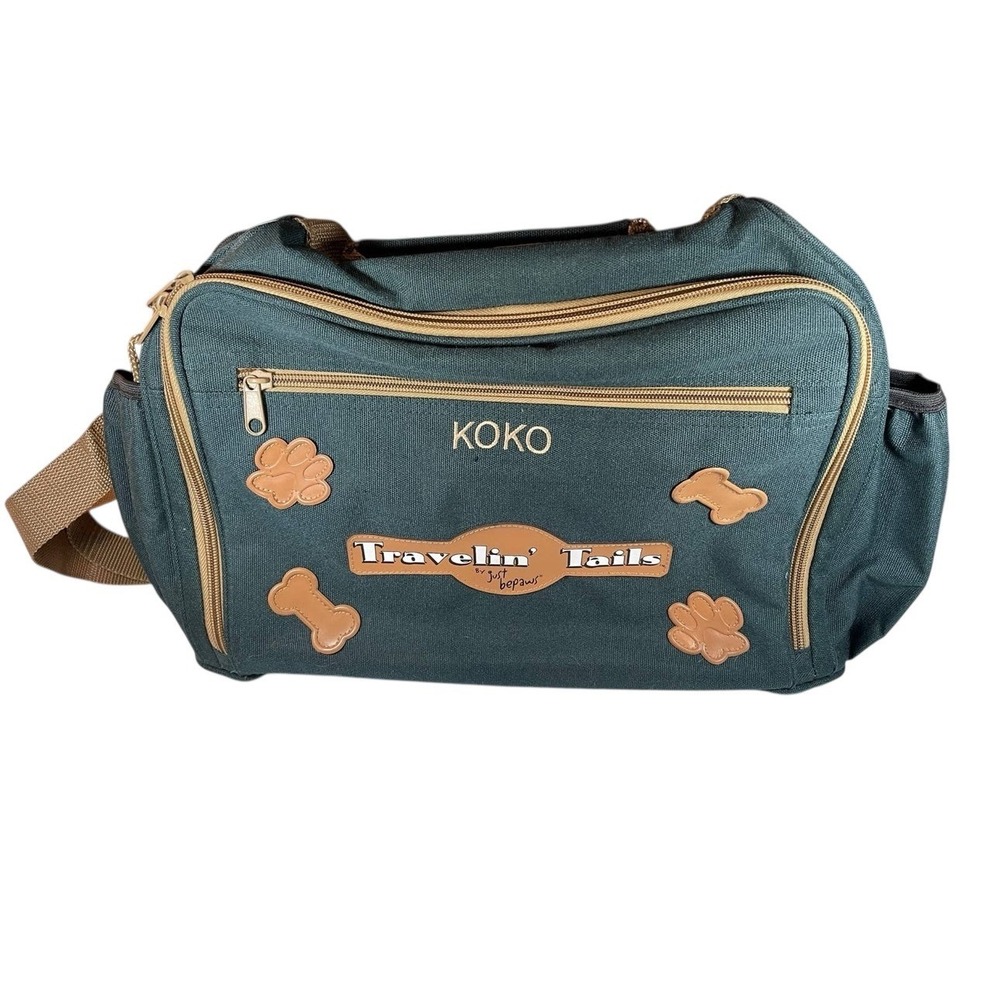 Just‎ Bepaws Dog Travel Bag Green Tan Personalized "KOKO" Tote Boutique Pet Gear